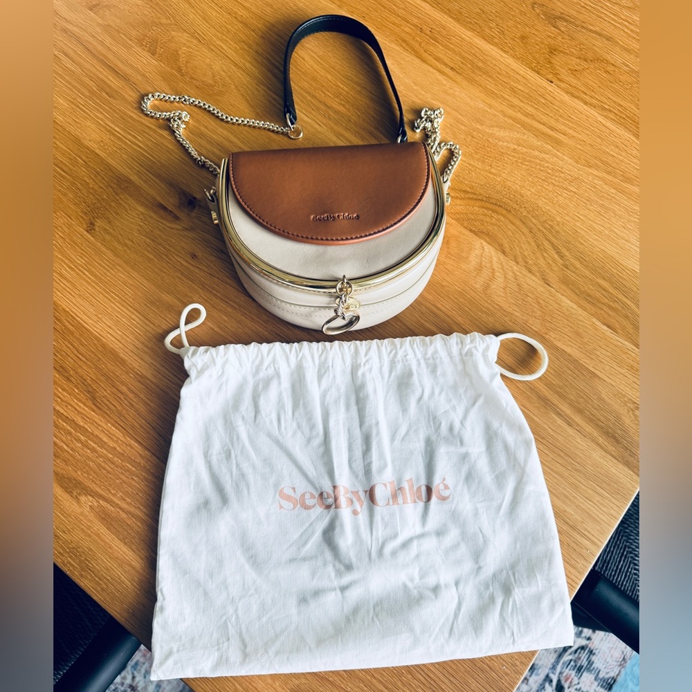 See By Chloe Brown and Cream Saddle Crossbody Bag